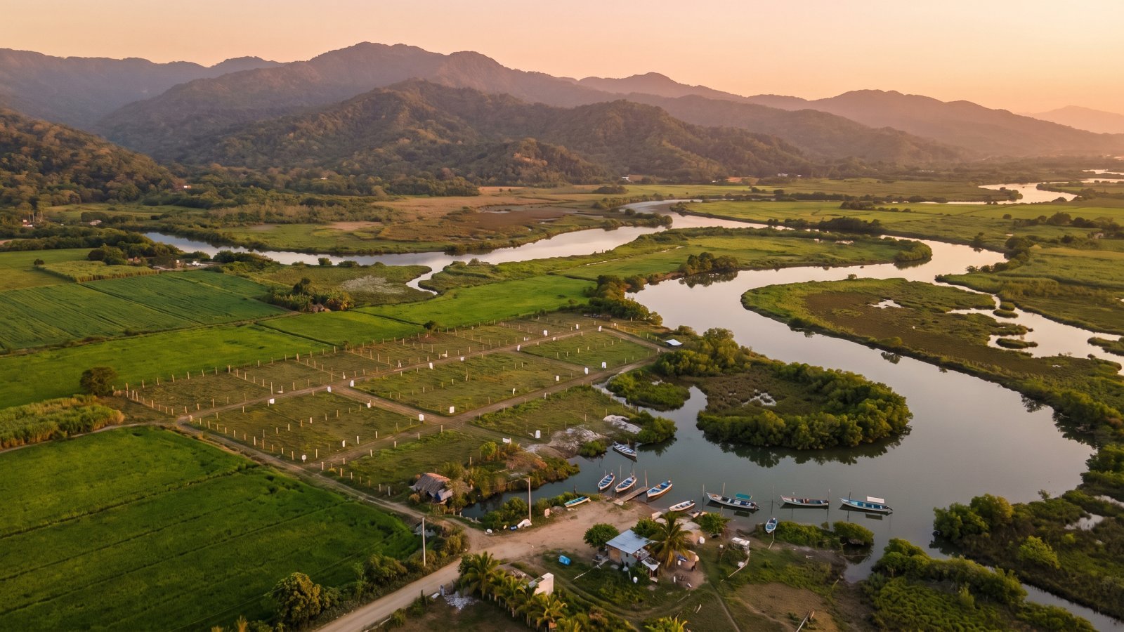 Vista aérea de terrenos junto al río en La Desembocada, Puerto Vallarta